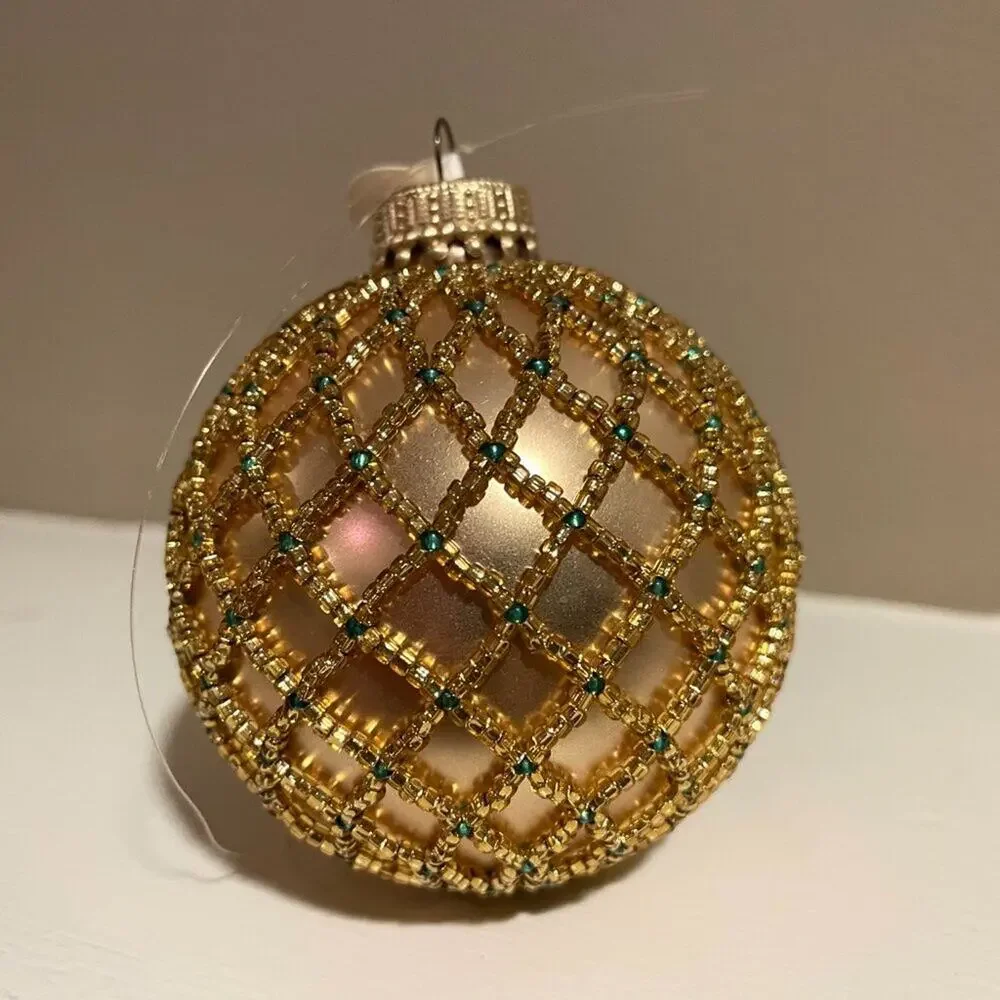 2 Beaded Christmas Ornaments - Gold, Red, Mesh Beaded, Holiday, Tree Decoration